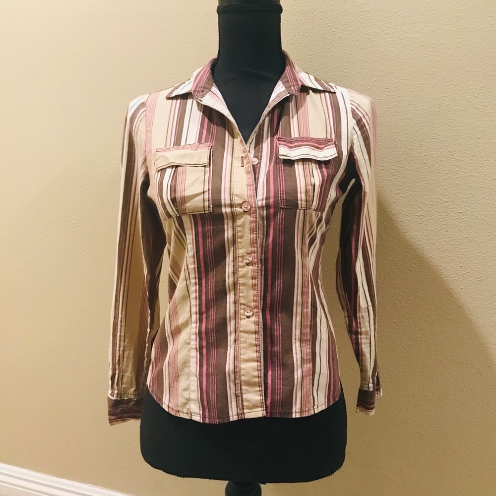 Button Down Striped Tan Pink Brown Blouse Collar